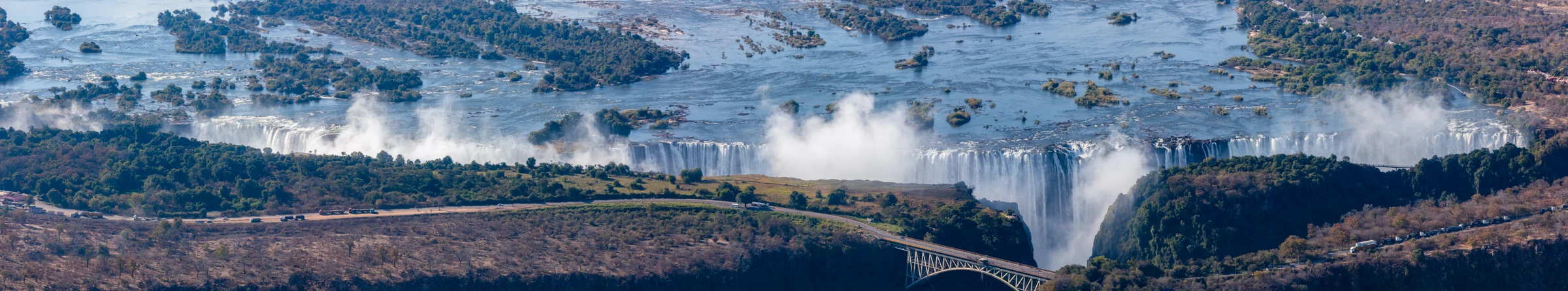 A panoramic view of Victoria Falls on the Zambia–Zimbabwe border